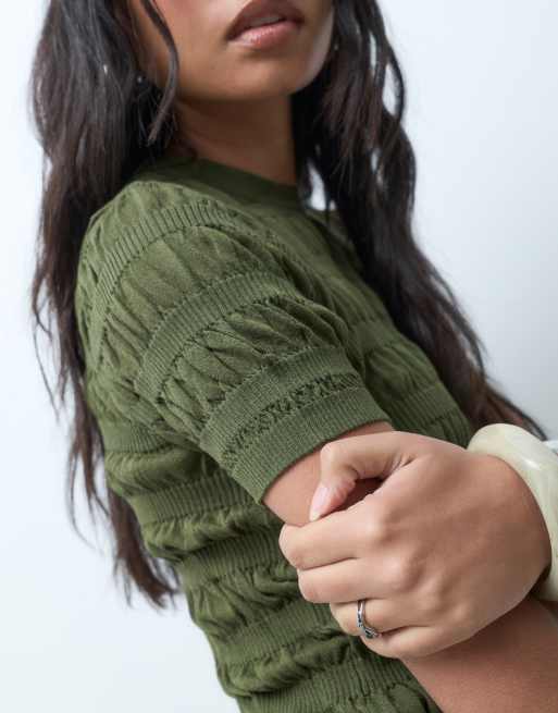 ASOS DESIGN shirred fine knit t-shirt in khaki, 5 of 5