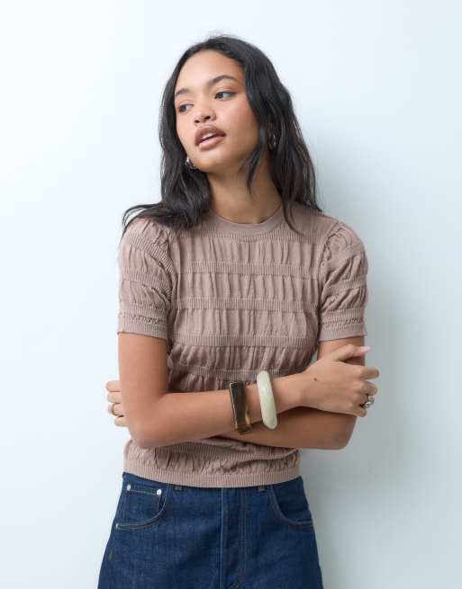 ASOS DESIGN shirred fine knit t-shirt in taupe, 2 of 5