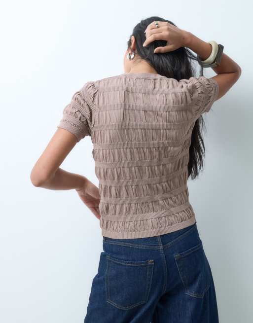 ASOS DESIGN shirred fine knit t-shirt in taupe, 4 of 5