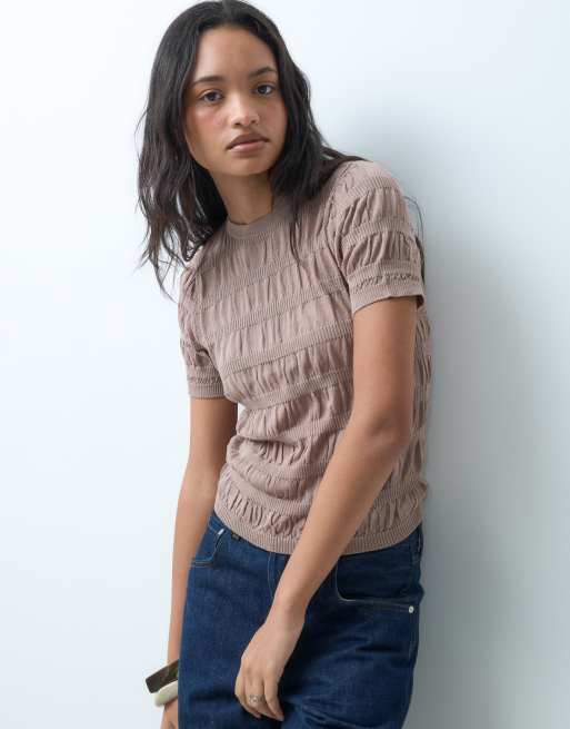 ASOS DESIGN shirred fine knit t-shirt in taupe, 5 of 5