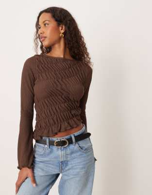 Asos Design Shirred Flare Long Sleeve Top In Brown
