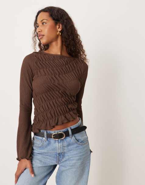 ASOS DESIGN shirred flare long sleeve top in chocolate - view 1