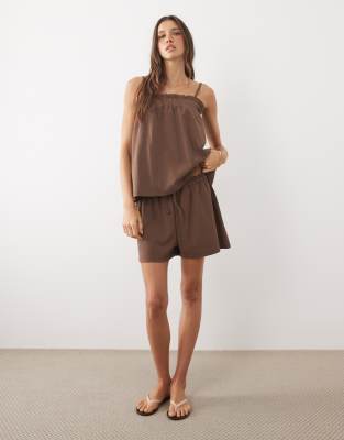 ASOS DESIGN shirred floaty shorts co-ord in chocolate