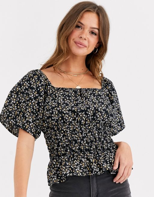 ASOS DESIGN shirred floral top with square neck in linen | ASOS