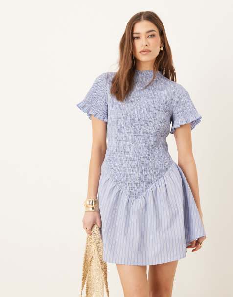 ASOS DESIGN shirred flutter sleeve mini dress in blue stripe - view 1