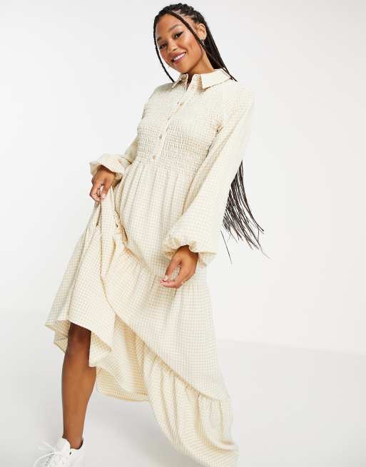 ASOS DESIGN – Shirred – Gestuftes Maxi-Hemdkleid mit strukturierten Vichy-Karos