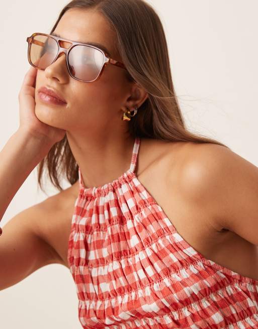 ASOS DESIGN shirred gingham halter top in red