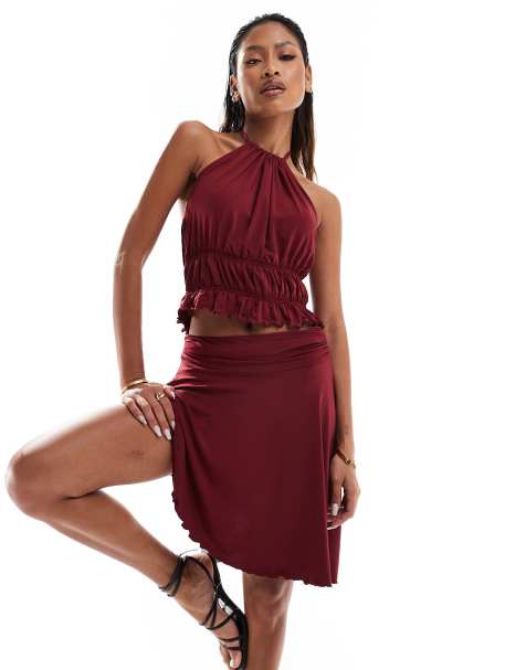 ASOS DESIGN shirred halter and asymmetric skirt in burgundy - view 1