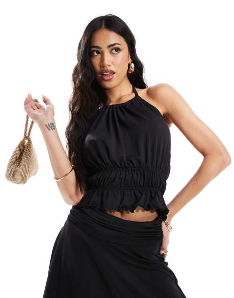 ASOS DESIGN shirred halter co-ord in black in black - view 1