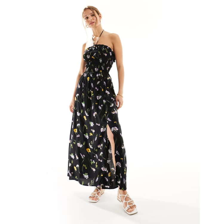 ASOS DESIGN shirred halter neck maxi dress in black floral