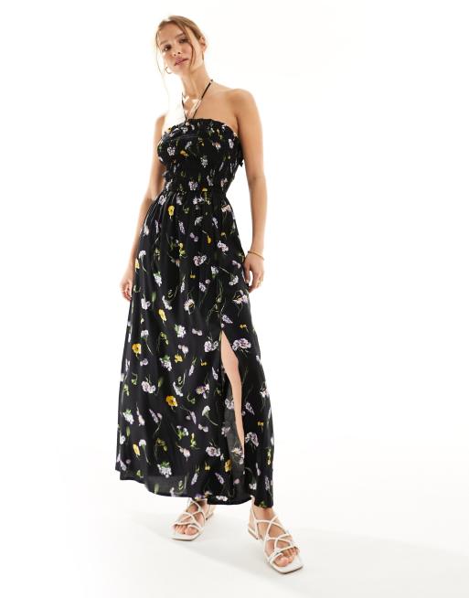 FhyzicsShops DESIGN shirred halter neck maxi dress in black floral