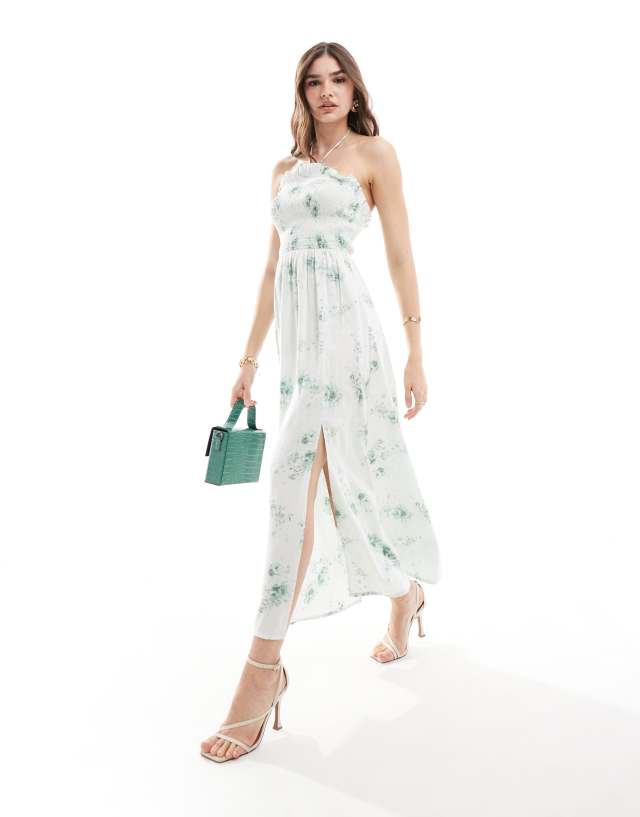 ASOS DESIGN - shirred halter neck maxi dress in mint floral print