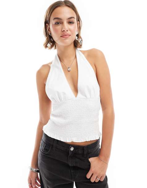 ASOS DESIGN shirred halter neck top in ivory - view 1
