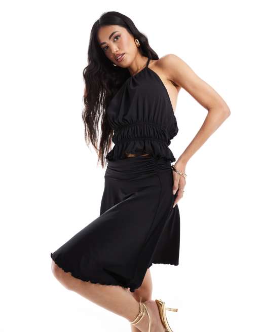 ASOS DESIGN shirred halter top and asymmetric skirt in black