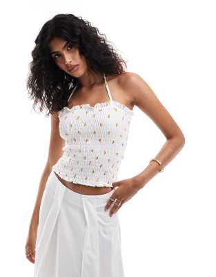 ASOS DESIGN shirred halter top with lemon ditsy print in white-Multi