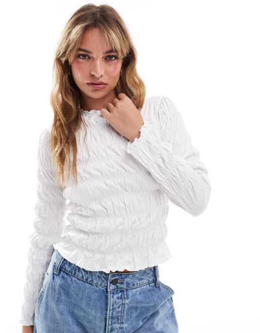 Asos Design Shirred High Neck Top With Fluted Sleeves In White Asos