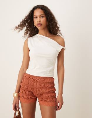 ASOS DESIGN ASOS DESIGN shirred hot pants with double layer lace trim in rust-Orange