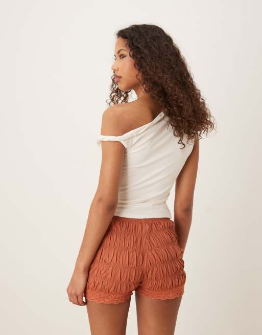 ASOS DESIGN shirred hot pants with double layer lace trim in rust, 2 of 5