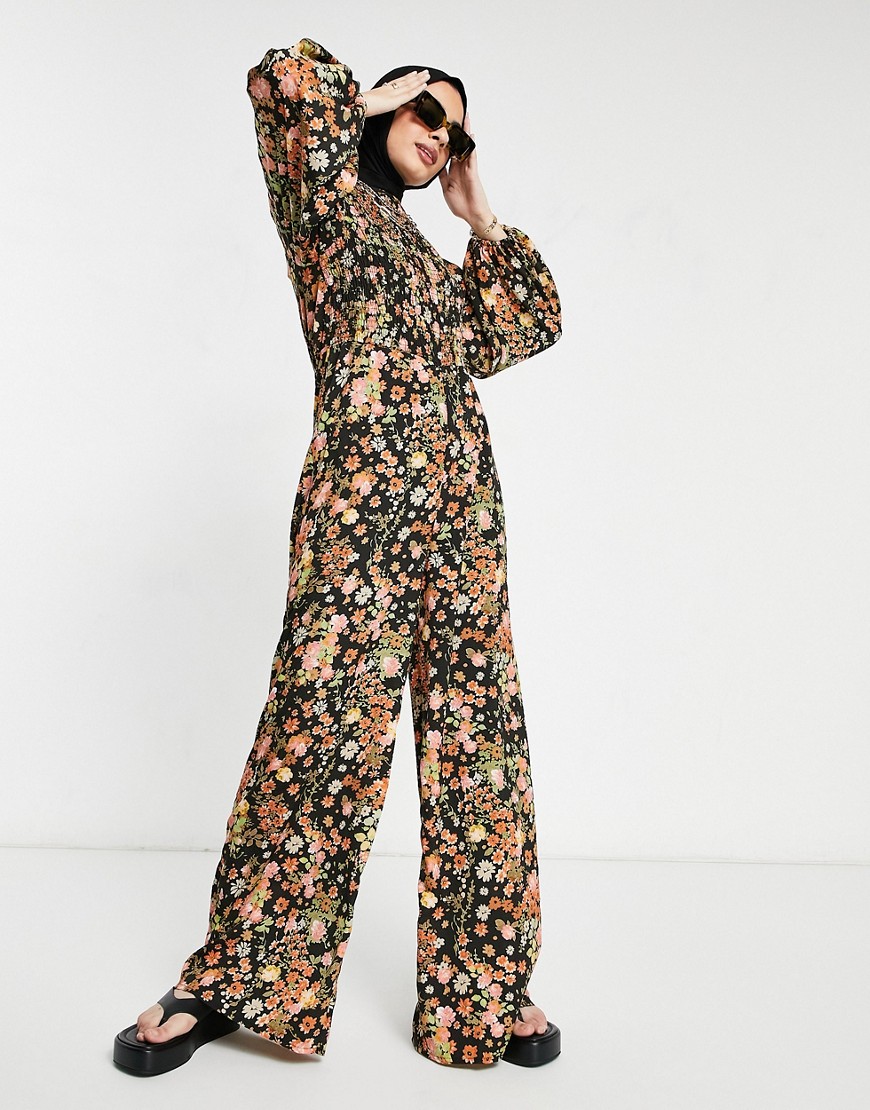 Asos Design Shirred Jumpsuit In Warm Floral Print-Black