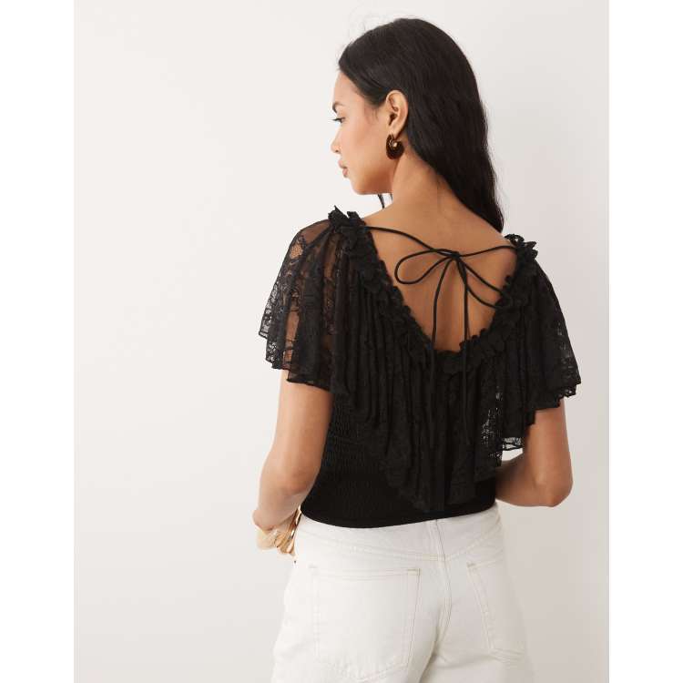 ASOS DESIGN shirred lace flutter detail top in black | ASOS