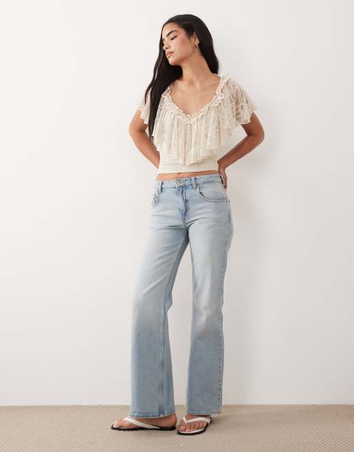 ASOS DESIGN shirred lace flutter detail top in cream, 4 of 4