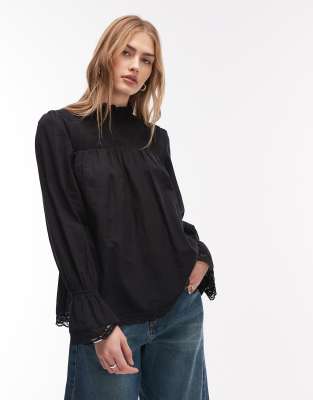 Asos Design Shirred Lace Trim Babydoll Blouse In Black