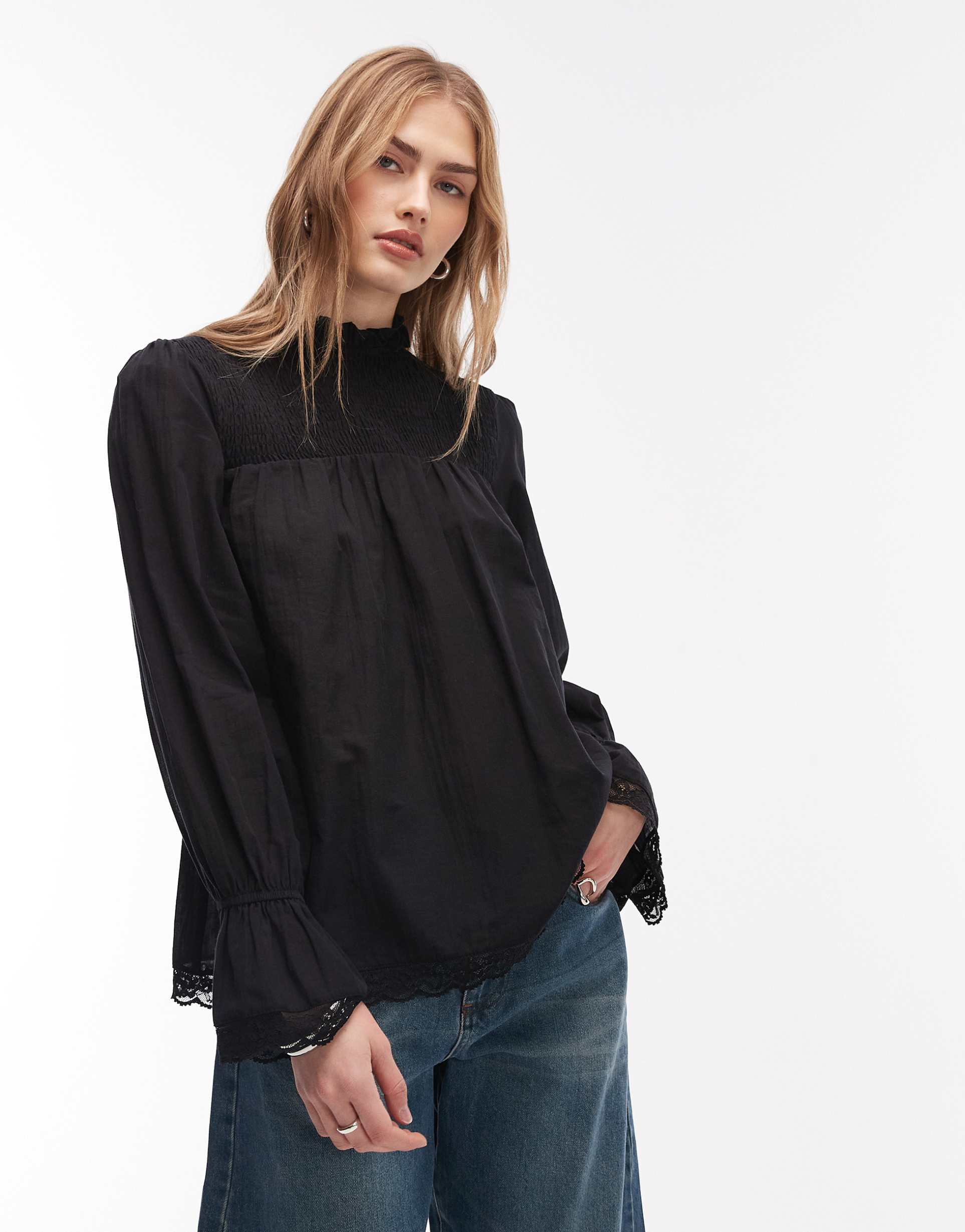 asos design shirred lace trim babydoll blouse in black