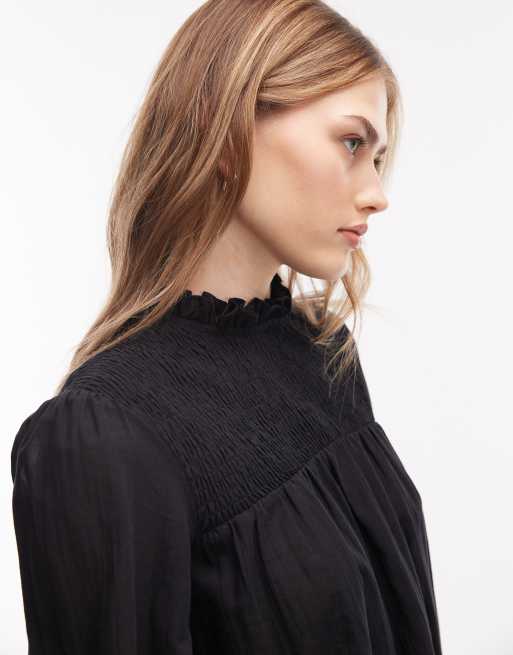 ASOS DESIGN shirred lace trim babydoll blouse in black, 3 of 4