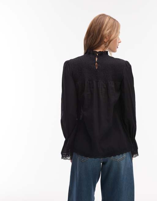 ASOS DESIGN shirred lace trim babydoll blouse in black, 4 of 4