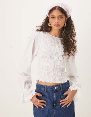 Asos Design Shirred Lace Trim Blouse In White