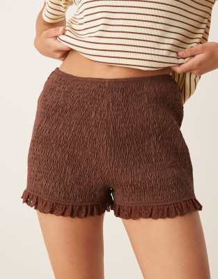 Asos Design Shirred Lace Trim Micro Shorts In Brown