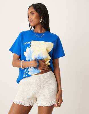 Asos Design Shirred Lace Trim Micro Shorts In Blue