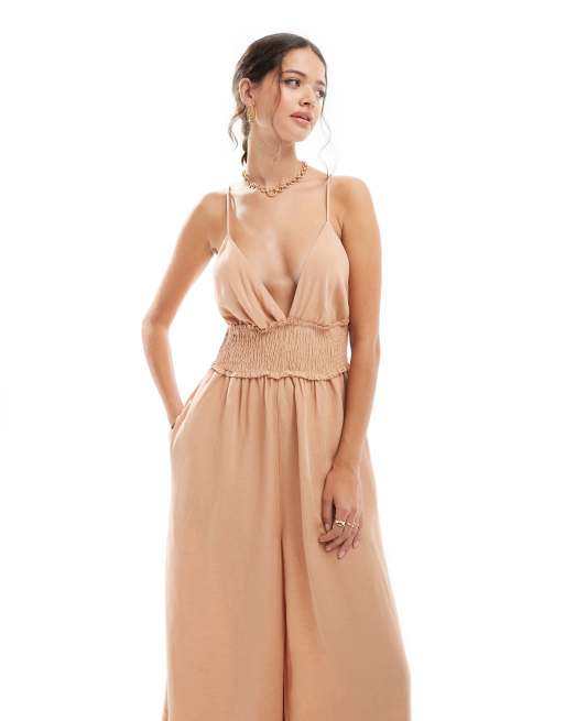 ASOS DESIGN shirred linen look cami jumpsuit with wide culotte leg in biscuit
