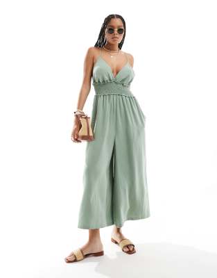ASOS DESIGN shirred linen look cami jumpsuit with wide culotte leg in khaki