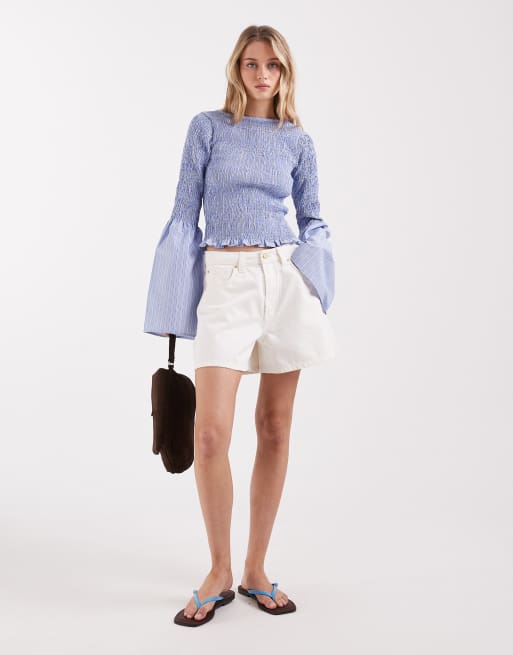 ASOS DESIGN shirred long sleeve blouse in blue stripe, 2 of 4