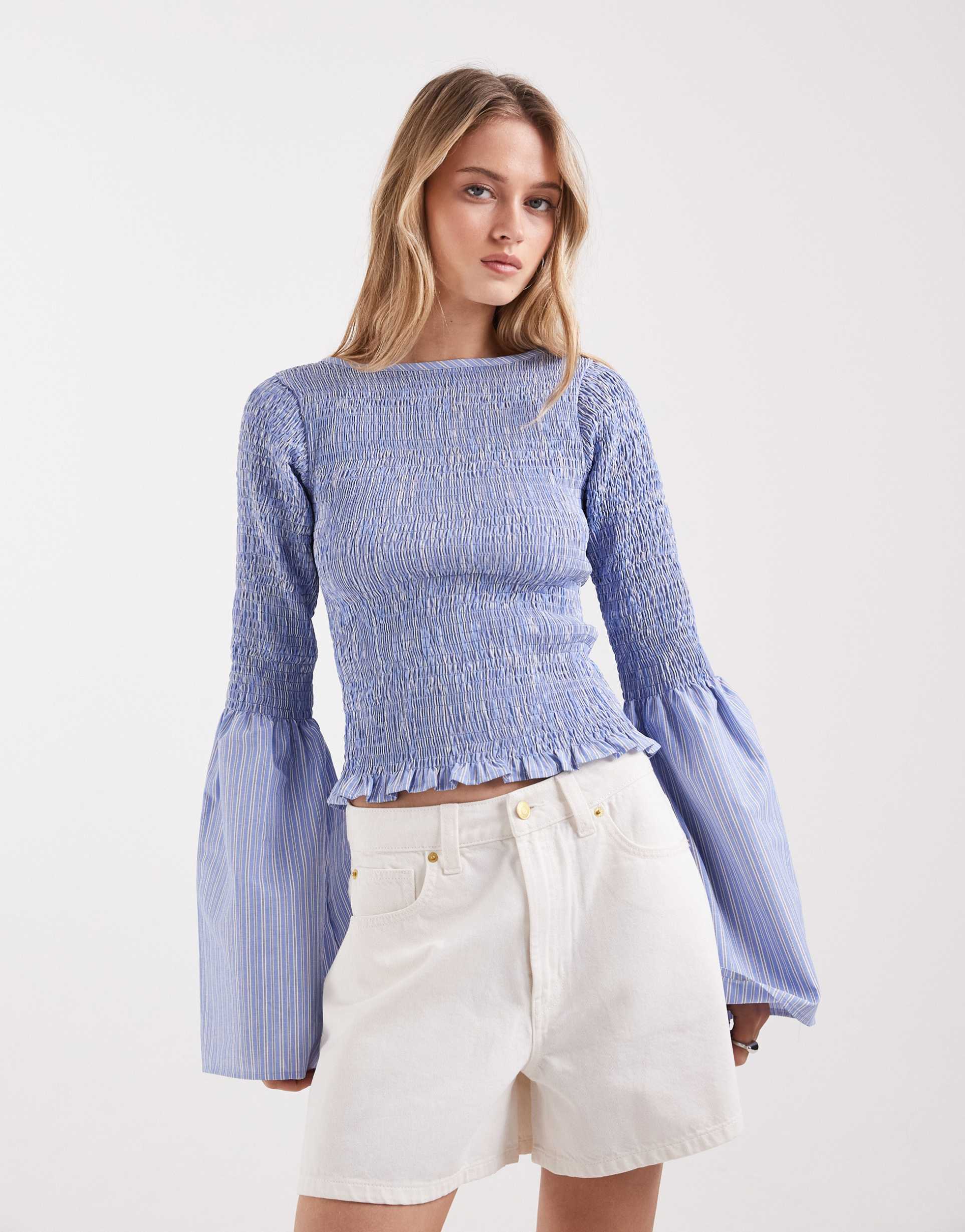 asos design shirred long sleeve blouse in blue stripes