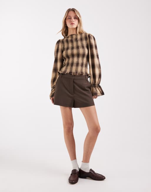ASOS DESIGN shirred long sleeve blouse in cream check, 2 of 4