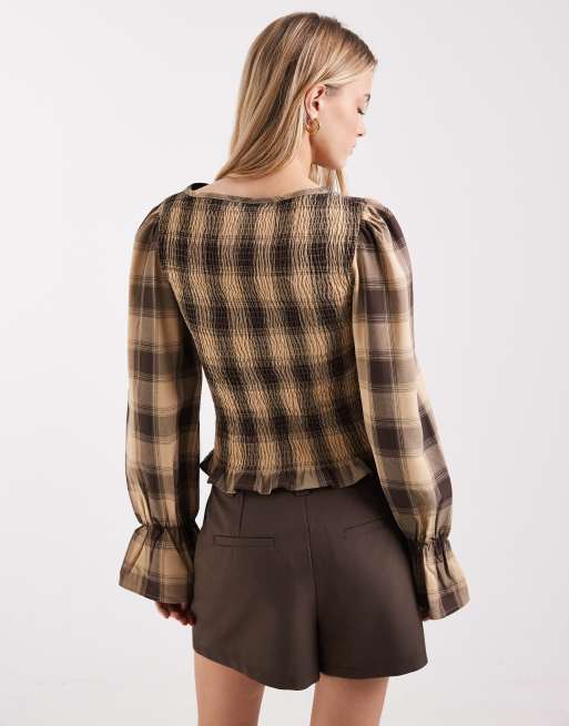 ASOS DESIGN shirred long sleeve blouse in cream check, 3 of 4