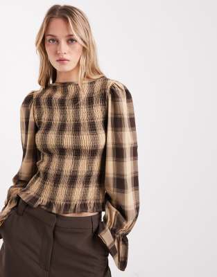 ASOS DESIGN shirred long sleeve blouse in cream plaid