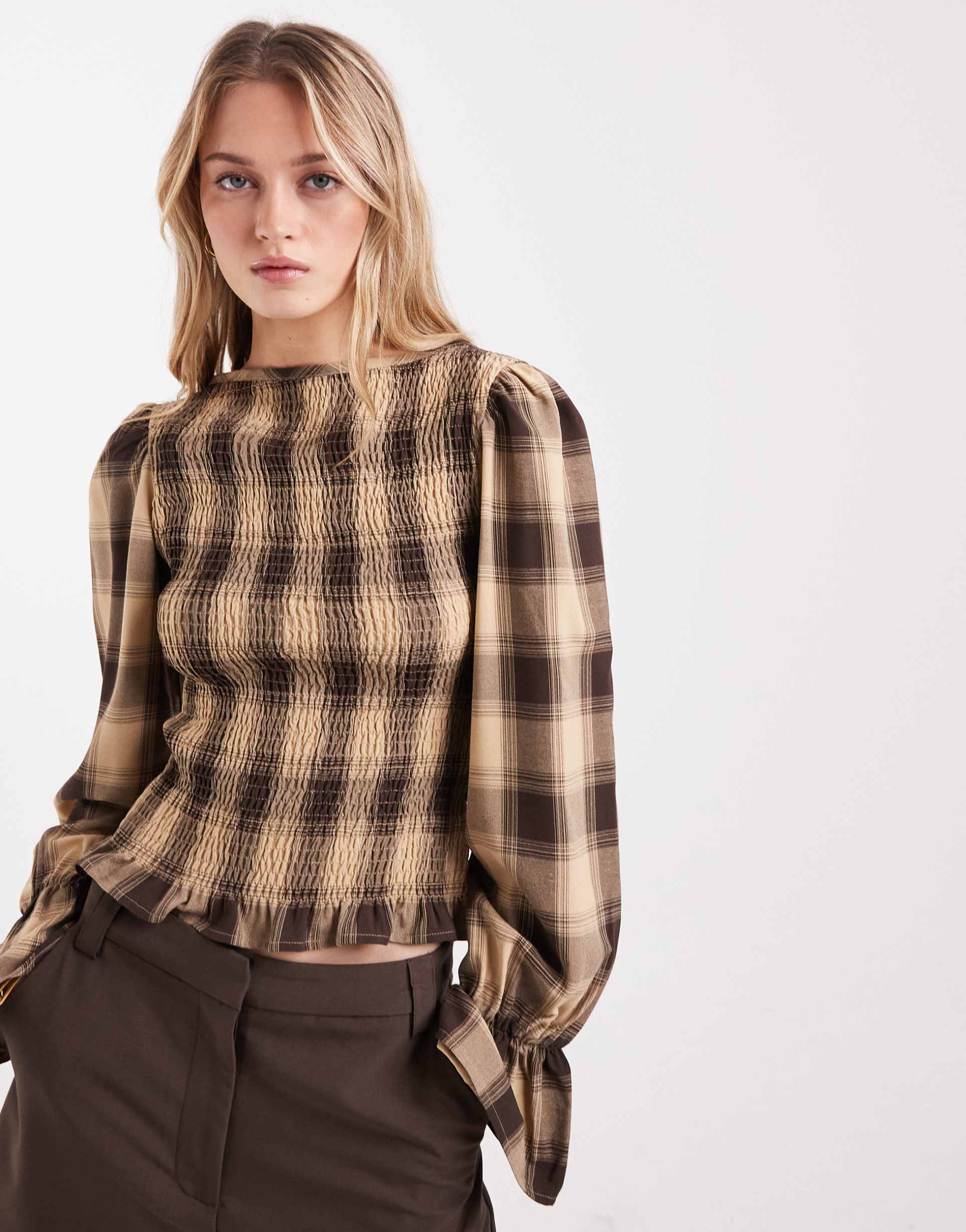 asos design shirred long sleeve blouse in cream plaid
