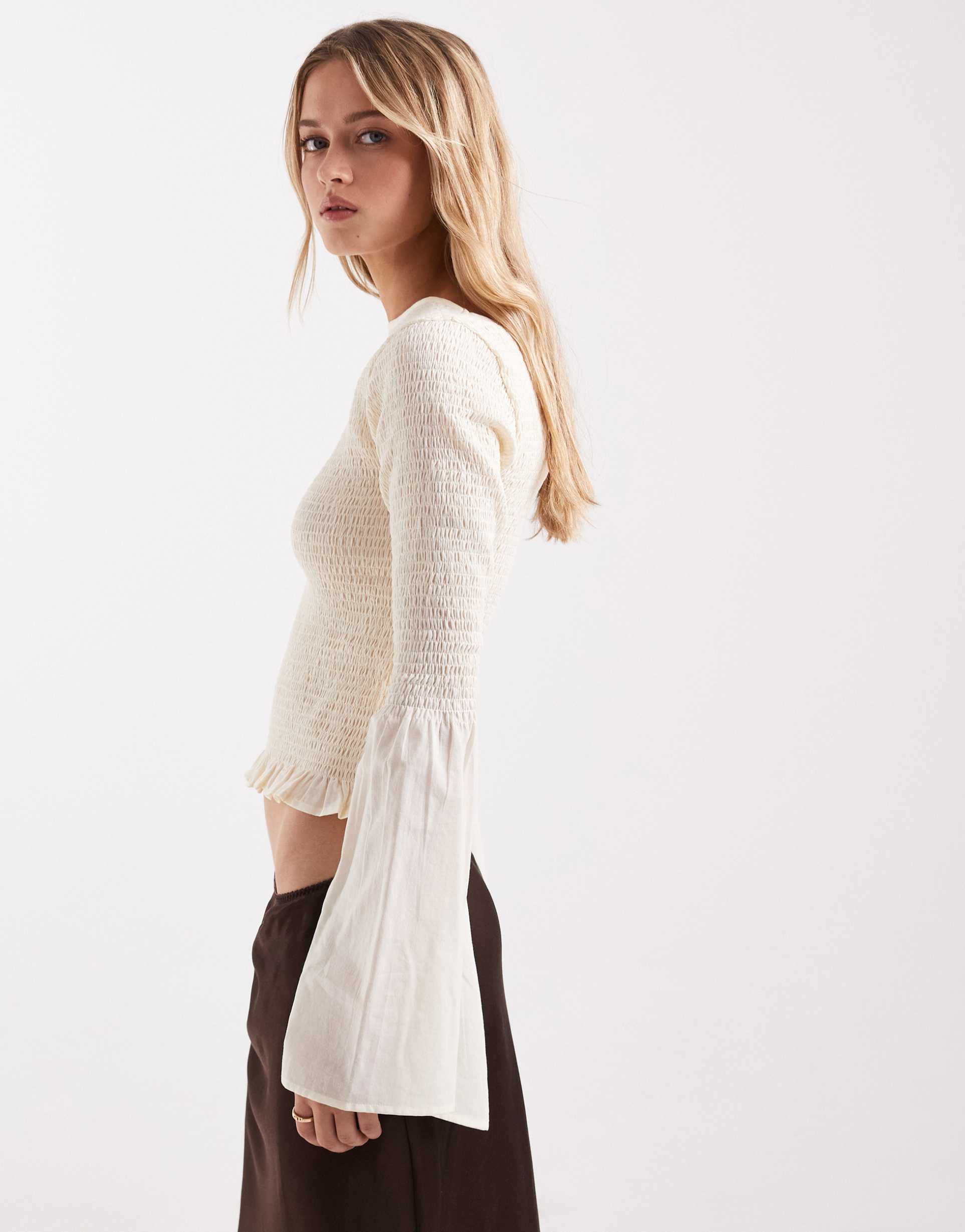 asos design shirred long sleeve blouse in ivory