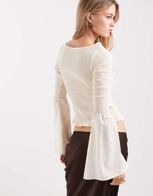 ASOS DESIGN shirred long sleeve blouse in ivory, 4 of 4