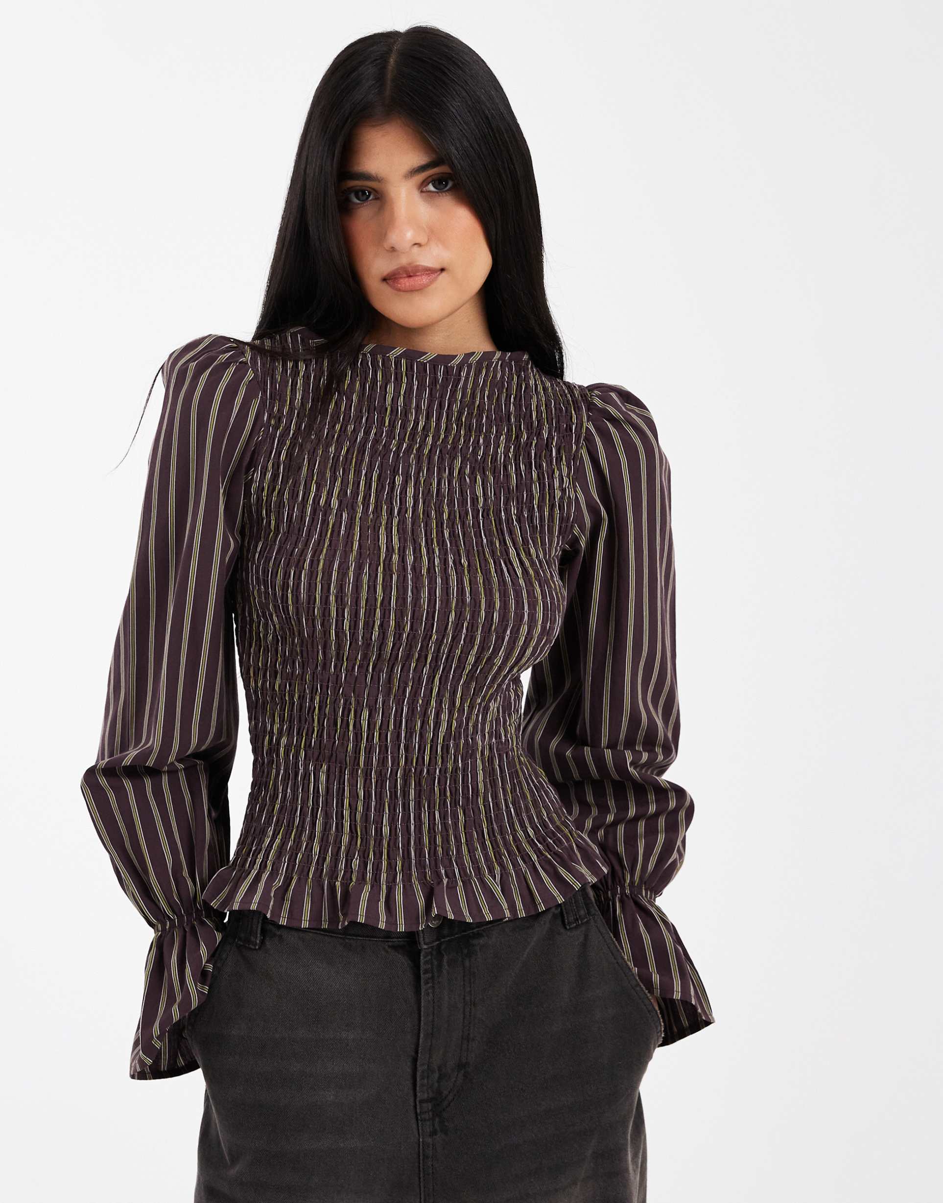 asos design shirred long sleeve blouse in stripe