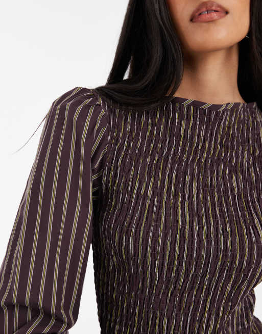 ASOS DESIGN shirred long sleeve blouse in stripe, 3 of 4