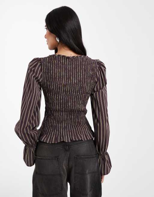 ASOS DESIGN shirred long sleeve blouse in stripe, 4 of 4