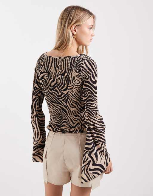 ASOS DESIGN shirred long sleeve blouse in zebra print, 4 of 4