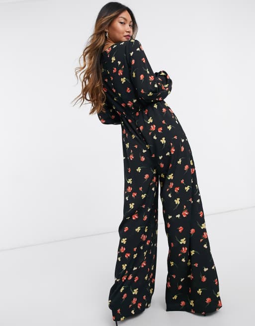 Floral long sales sleeve jumpsuit