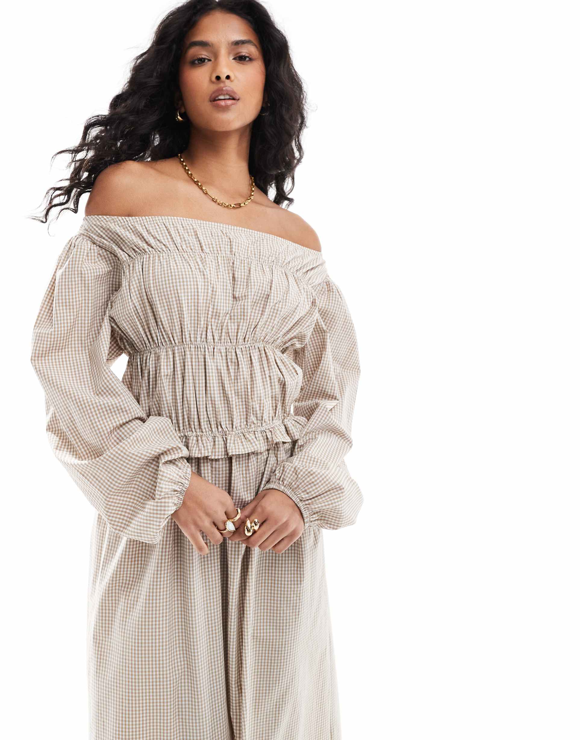 asos design shirred long sleeve maxi dress in brown gingham