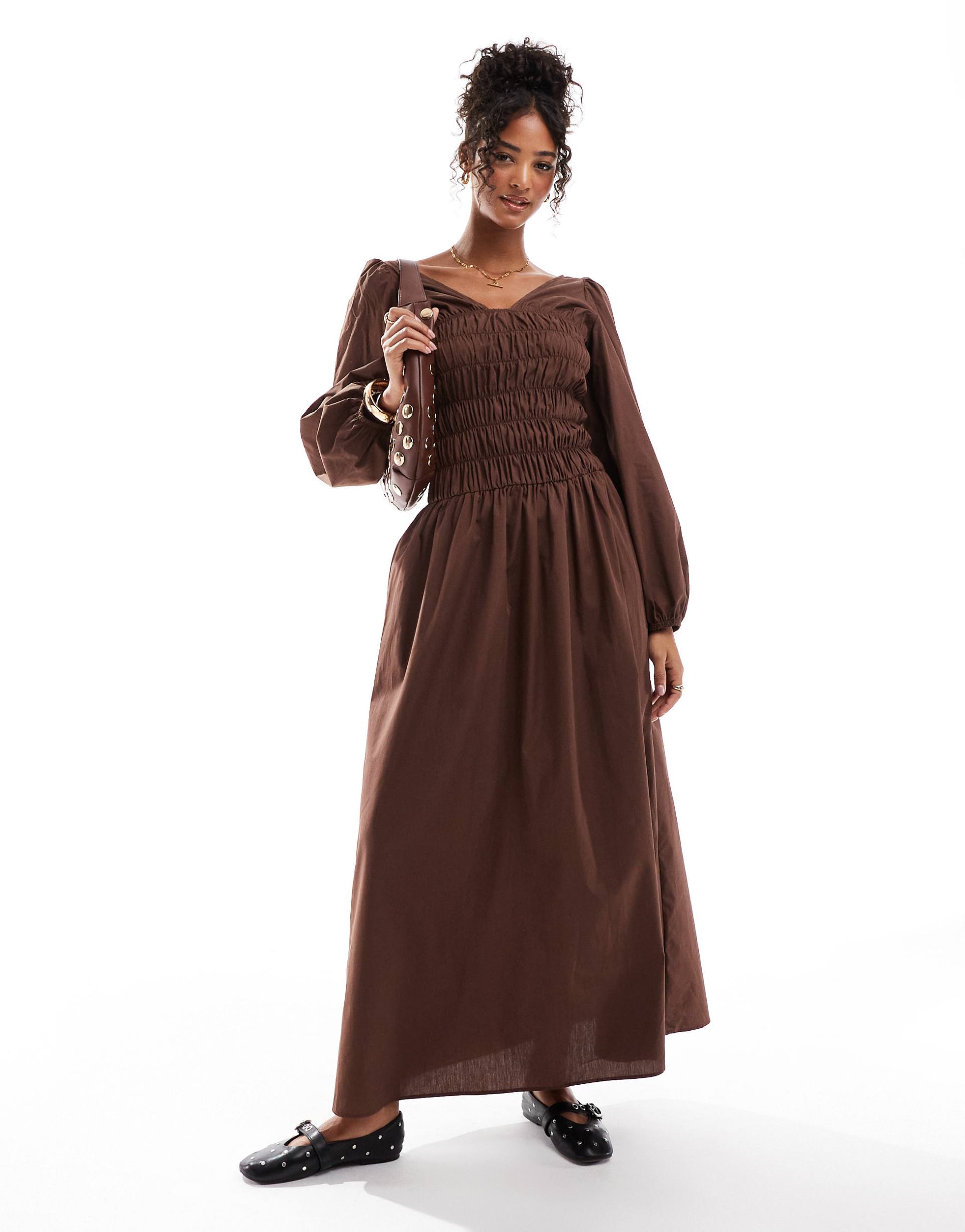 asos design shirred long sleeve maxi dress in chocolate