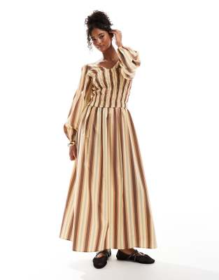 shirred long sleeve maxi dress in stripe-Multi